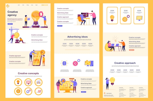 Plantilla de sitio web plano de agencia creativa página de destino contenido medio y pie de página