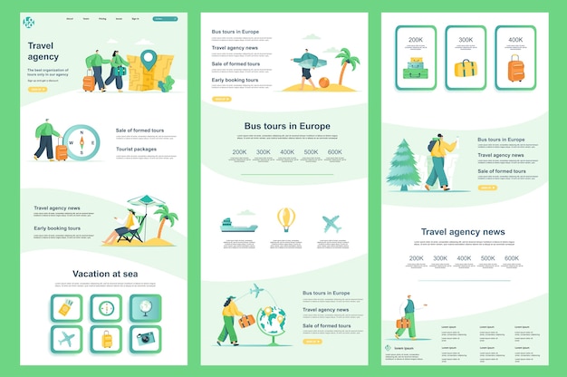 Plantilla de sitio web plano de agencia de viajes, página de destino, contenido medio y pie de página