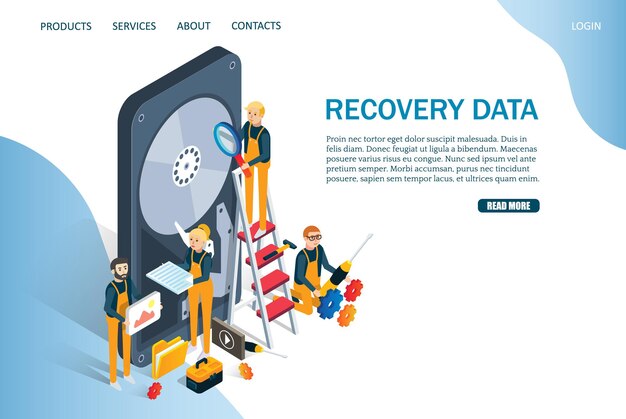 Plantilla de sitio web de vector de datos de recuperación, diseño de página web y página de destino para desarrollo de sitios web y móviles. Servicios de hardware informático, concepto de reparación de disco duro.