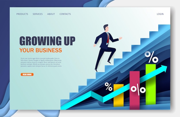 Plantilla de sitio web de vector de empresa en crecimiento, diseño de página web y página de destino para desarrollo de sitios web y sitios móviles. Crecimiento empresarial, éxito financiero, concepto de liderazgo, ilustración de arte en papel.