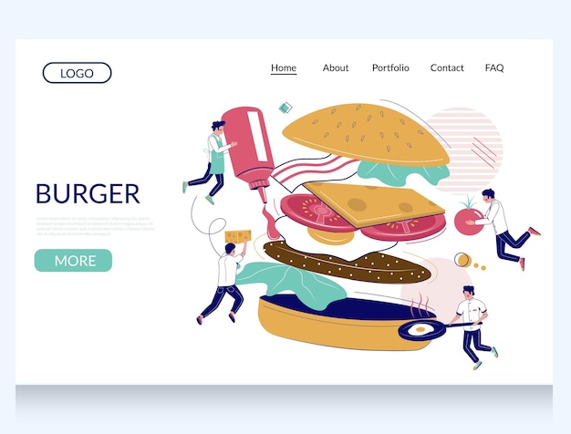 plantilla de sitio web vectorial de hamburguesas página web y diseño de página de aterrizaje para el desarrollo de sitios web y móviles Micro personajes cocineros cocinando un gran pan de hamburguesa con carne patata huevo tomate lechuga queso