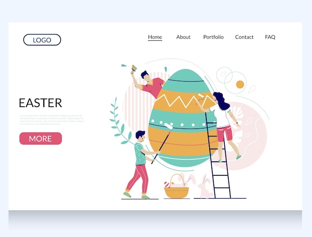 plantilla de sitio web vectorial de Pascua página web y diseño de página de aterrizaje para el desarrollo de sitios web y móviles Micro personajes masculinos y femeninos decorando enormes huevos de Pascua preparándose para la celebración de las vacaciones