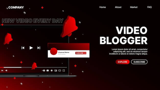 Plantilla de sitio web de video blogger página de destino roja para creador de contenido