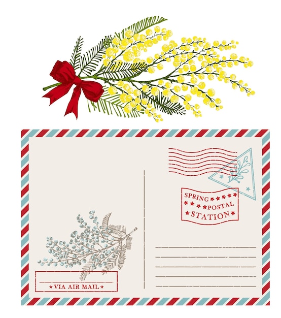 Vector plantilla de sobre de tarjeta postal vintage con rama de boceto dibujada a mano de flor de mimosa amarilla sello de goma de textura grunge 8 de marzo lugar para el texto de saludo buena idea para el diseño del cartel de los días de las mujeres