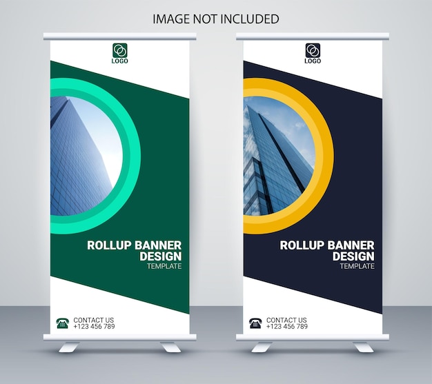 Plantilla de standee de banner enrollable corporativo vectorial con formas creativas e ideas