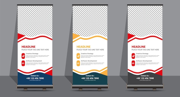 Plantilla de standee de banner enrollable desplegable con formas creativas e ideas