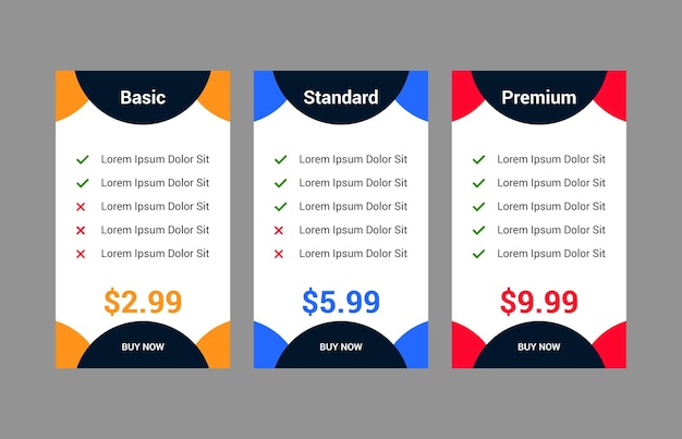 Vector plantilla de tabla de precios moderna y simple para sitio web