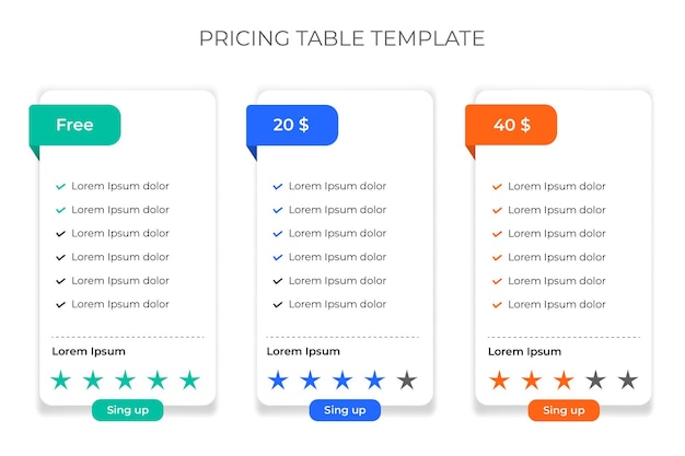 Vector plantilla de tabla de precios, planes de precios web coloridos