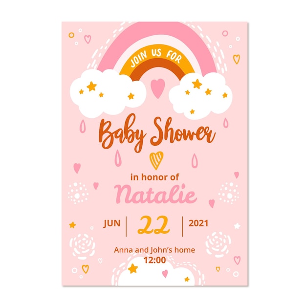 Plantilla de tarjeta de baby shower chuva de amor dibujada a mano