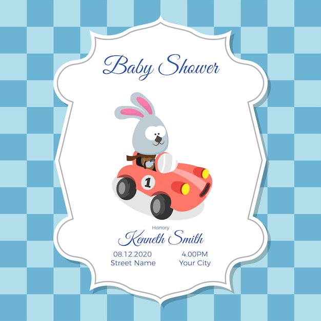 Plantilla de tarjeta de baby shower con lindo conejo