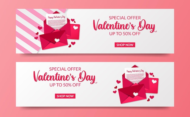 Plantilla de tarjeta de banner de oferta de venta de san valentín con ilustración de sobre de carta de amor