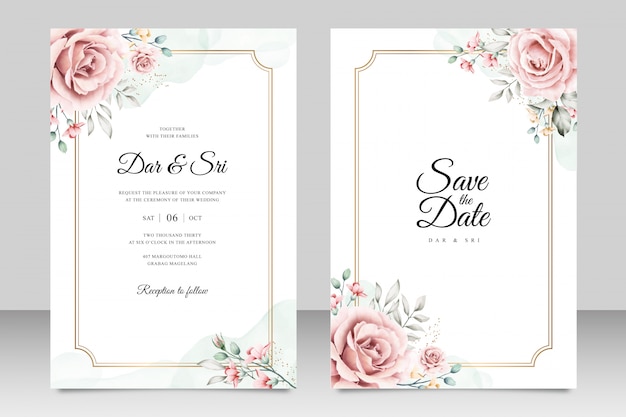 Plantilla de tarjeta de boda con acuarela floral minimalista