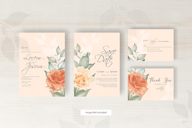 Plantilla de tarjeta de boda de acuarela con ilustración de flores de decoración floral y hojas