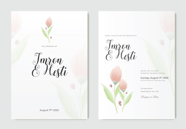 plantilla de tarjeta de boda de color de agua de flor rosa simple y elegante