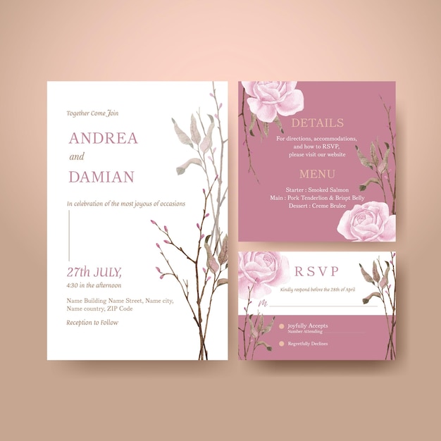 Plantilla de tarjeta de boda con concepto de boda violeta lila, estilo acuarela