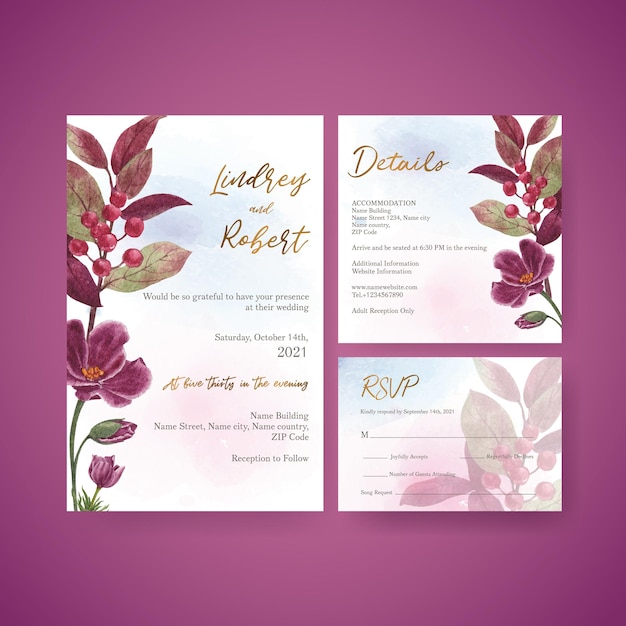 Plantilla de tarjeta de boda con concepto floral rojo muave, estilo acuarela