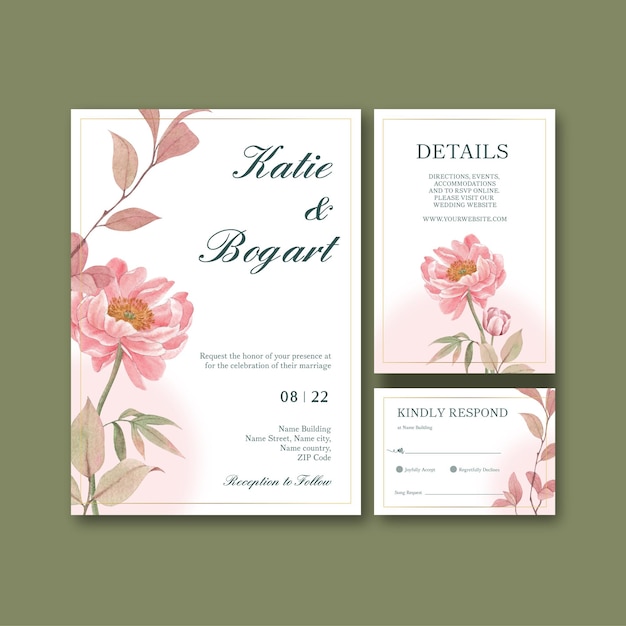 Plantilla de tarjeta de boda con concepto de flores cottagecore, estilo acuarela