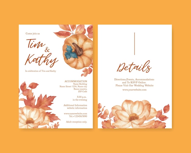 Plantilla de tarjeta de boda con concepto de follaje de otoño rústico estilo acuarela