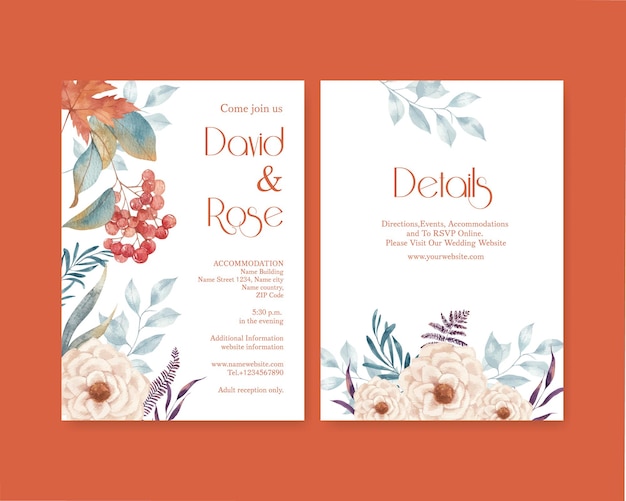 Plantilla de tarjeta de boda con concepto de follaje de otoño rústico estilo acuarela