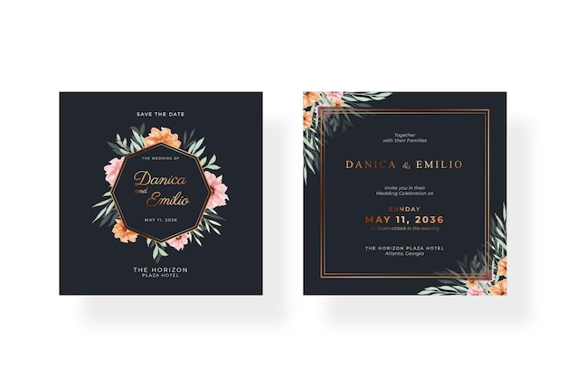 Plantilla de tarjeta de boda cuadrada de lujo en negro y dorado con acuarela floral