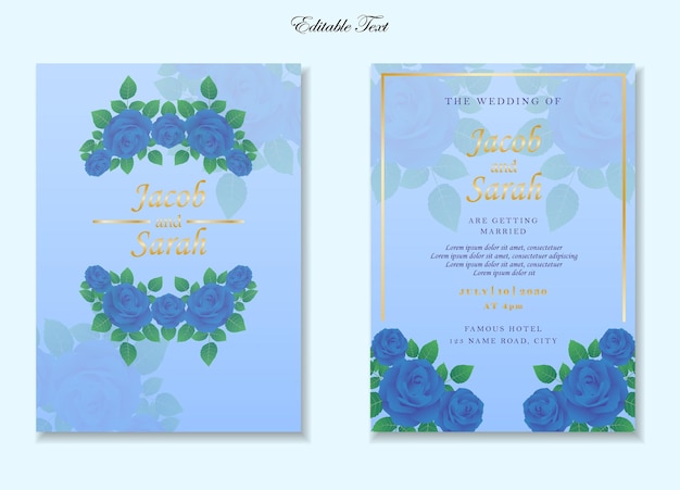 Plantilla de tarjeta de boda elegante con marco floral rosa azul y oro por diseño vectorial