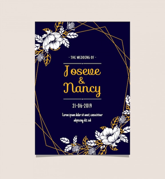 Plantilla de tarjeta de boda floral azul marino y oro