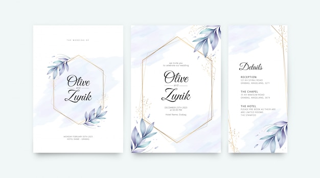 Plantilla de tarjeta de boda con flores geométricas doradas y hojas de acuarela