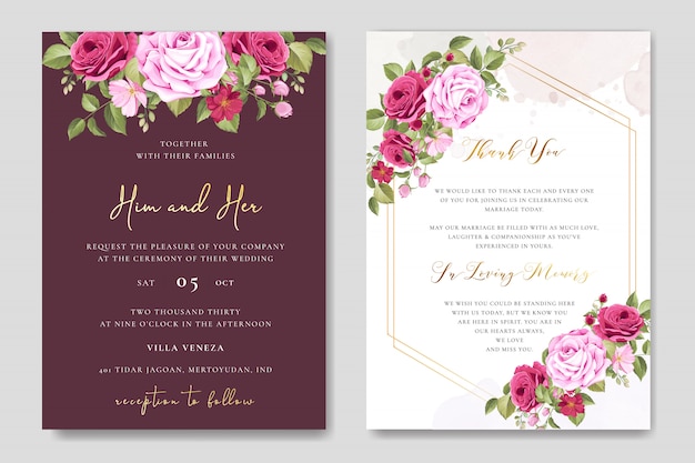 Plantilla de tarjeta de boda hermosa con coloridas rosas granate