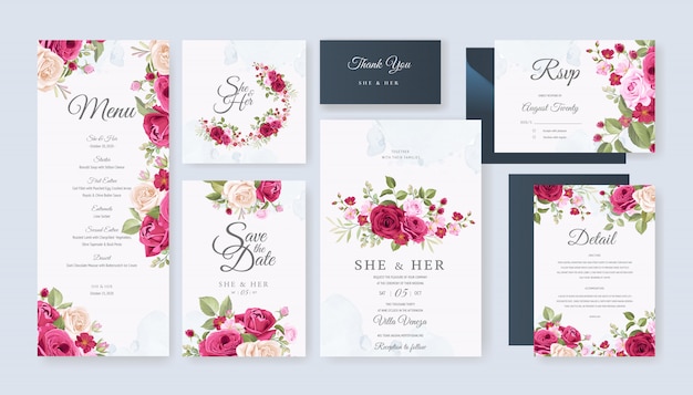 Plantilla de tarjeta de boda con hermosas flores y hojas