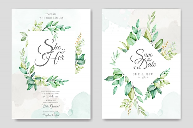 plantilla de tarjeta de boda con hermosas hojas de acuarela