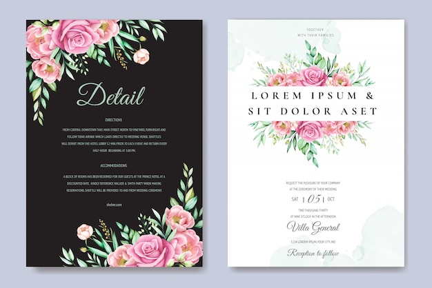 Plantilla de tarjeta de boda hermosas rosas y peonías