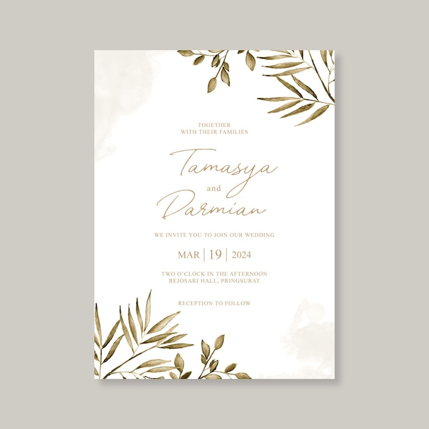 Plantilla de tarjeta de boda con hojas de acuarela