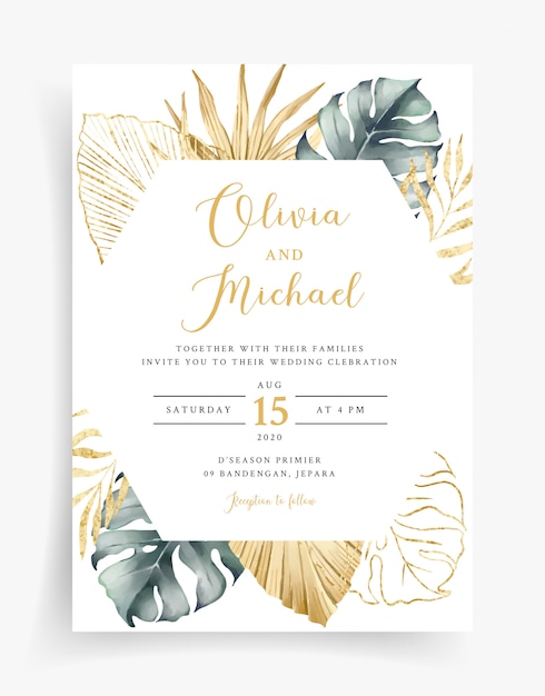 Plantilla de tarjeta de boda de oro tropical