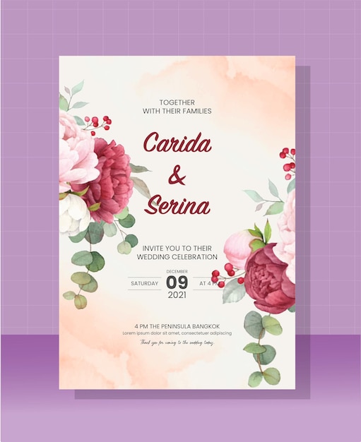 Plantilla de tarjeta de boda pintada en acuarela