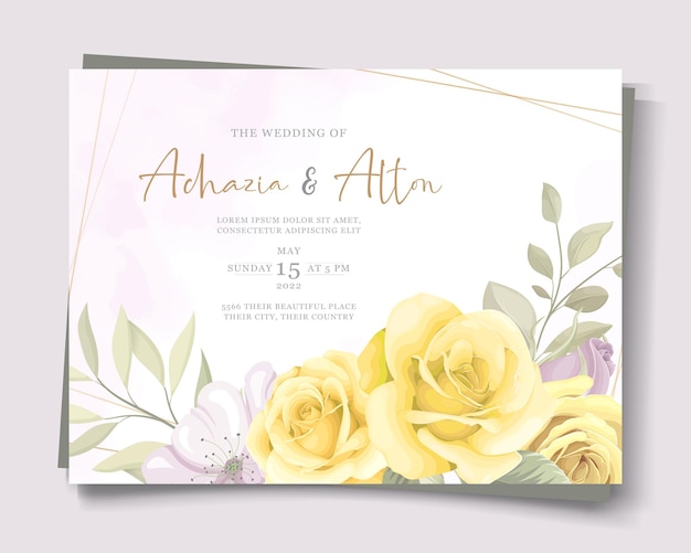 Plantilla de tarjeta de boda con tema de adornos florales amarillos dibujados a mano