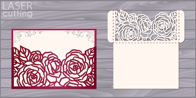 Plantilla de tarjeta de boda troquelada con láser. Invitación sobre de bolsillo con estampado de rosas. Invitación de encaje de boda