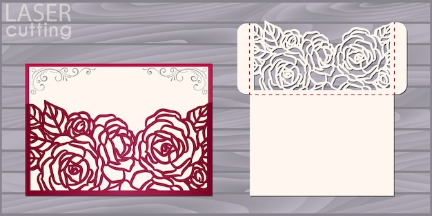 Plantilla de tarjeta de boda con láser. sobre de con estampado de rosas. invitación de encaje de boda | Vector Premium