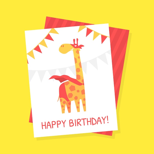 Plantilla de tarjeta de cumpleaños feliz con linda girafa superhéroe animal en capa roja y máscara vector de dibujos animados