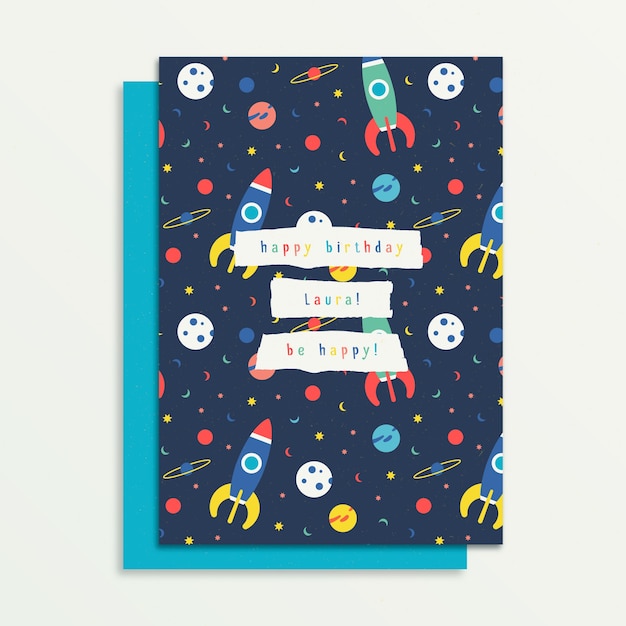 Plantilla de tarjeta de cumpleaños para niños con estilo cohete