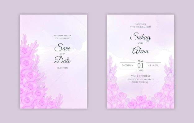 Plantilla de tarjeta de deshierbe floral acuarela de doble página con rosas y hojas de color rosa suave