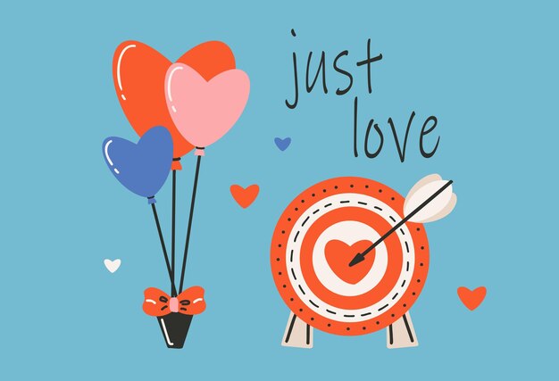 Vector plantilla de tarjeta para el día de san valentín 14 de febrero tarjetas dibujadas a mano con flecha objetivo globos texto de corazón.