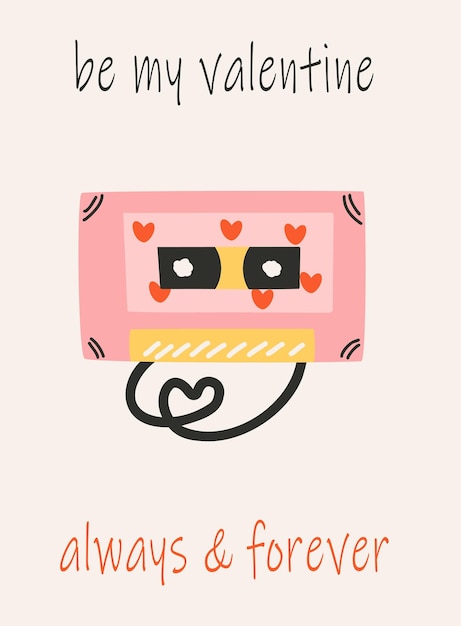 Vector plantilla de tarjeta para el día de san valentín 14 de febrero tarjetas dibujadas a mano con texto de corazón de cassette.