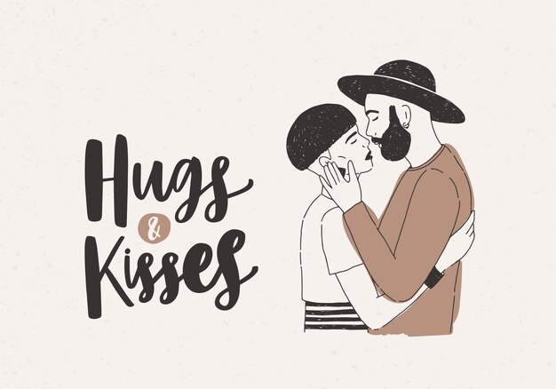 Plantilla de tarjeta de felicitación del 14 de febrero con un par de abrazos de hombre y mujer con estilo joven vestidos con ropa de moda e inscripción de abrazos y besos