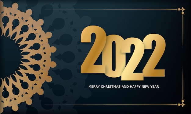 Plantilla Tarjeta de felicitación 2022 Feliz año nuevo Azul oscuro con patrón de oro de invierno