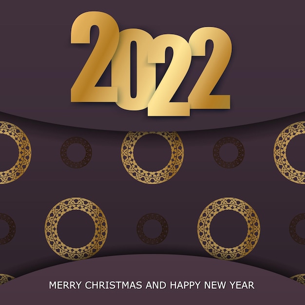 Plantilla de tarjeta de felicitación 2022 Feliz año nuevo color burdeos con patrón de oro de invierno