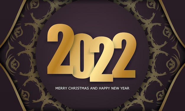 Vector plantilla de tarjeta de felicitación 2022 feliz navidad y próspero año nuevo color burdeos con patrón dorado vintage