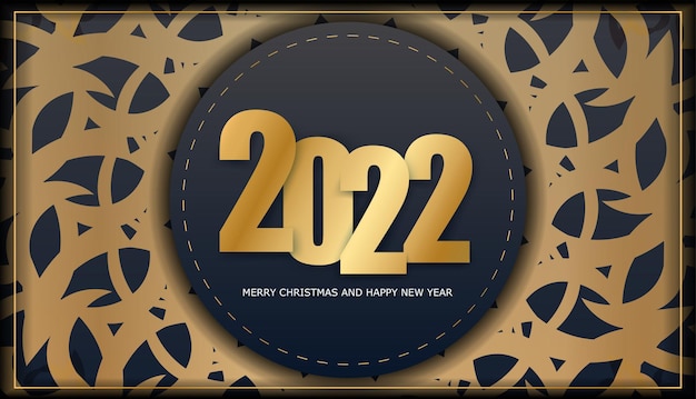 Plantilla de tarjeta de felicitación 2022 Feliz Navidad y Próspero Año Nuevo en color negro con adornos de oro vintage