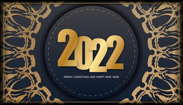 Plantilla de tarjeta de felicitación 2022 Feliz Navidad y Próspero Año Nuevo color negro con patrón de oro de invierno