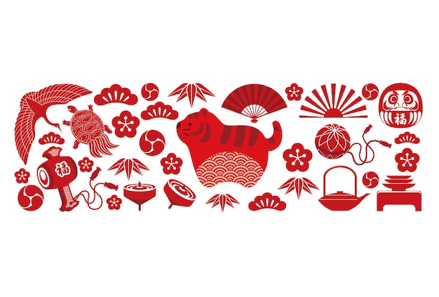 Plantilla de tarjeta de felicitación del año del tigre con amuletos de la suerte japoneses Traducción de texto Fortune