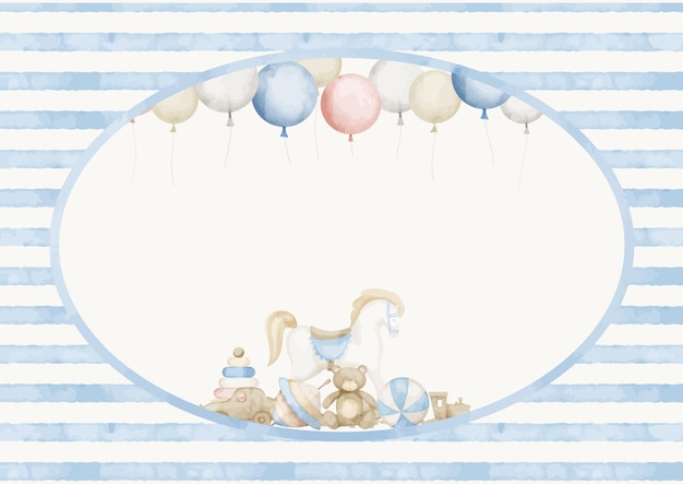 Plantilla para tarjeta de felicitación de baby shower con juguetes y globos en colores azul pastel y beige mano d